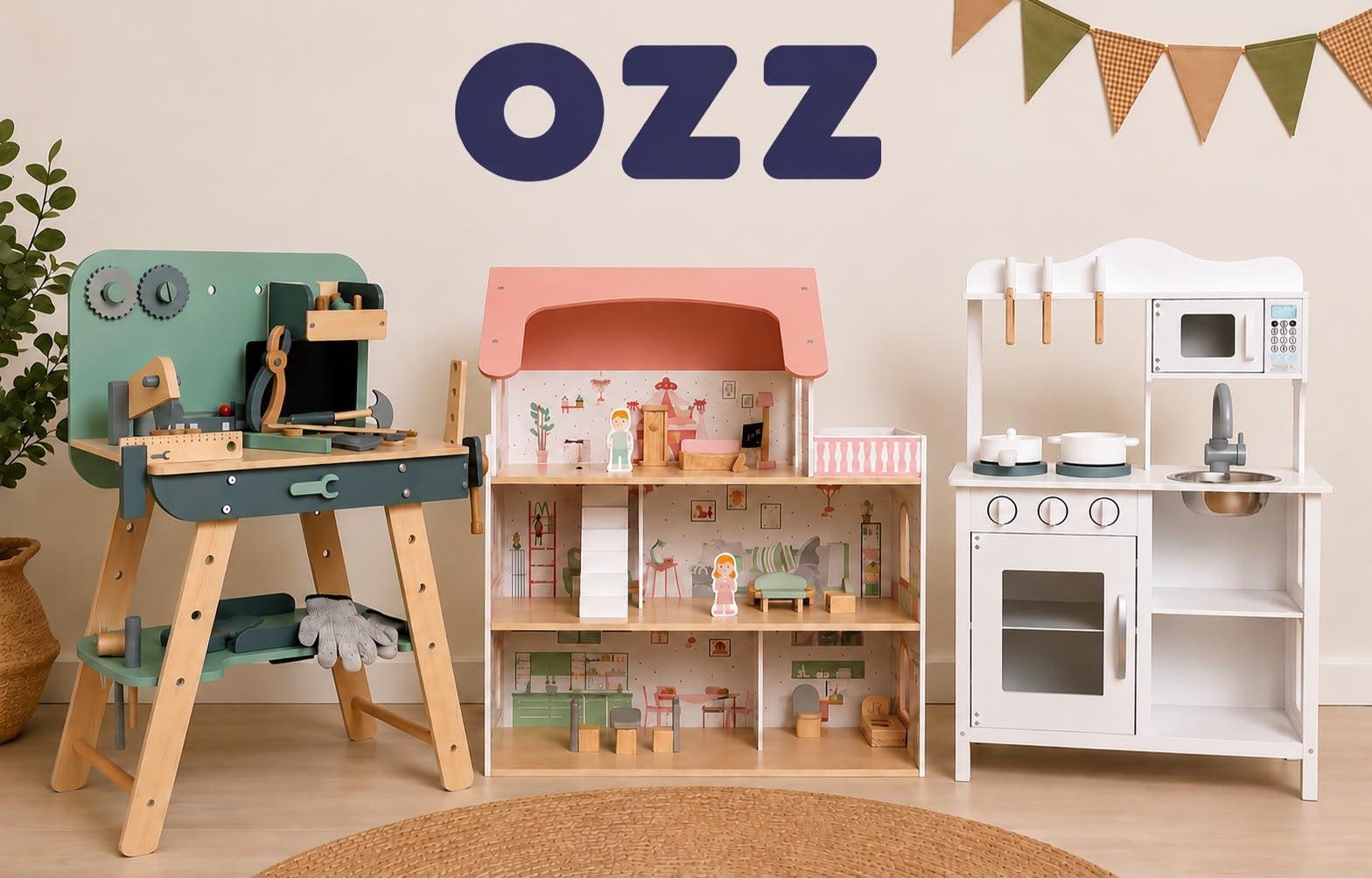 Set de juegos OZZ de madera: mesa de herramientas + mini cocina + casa de muñecas